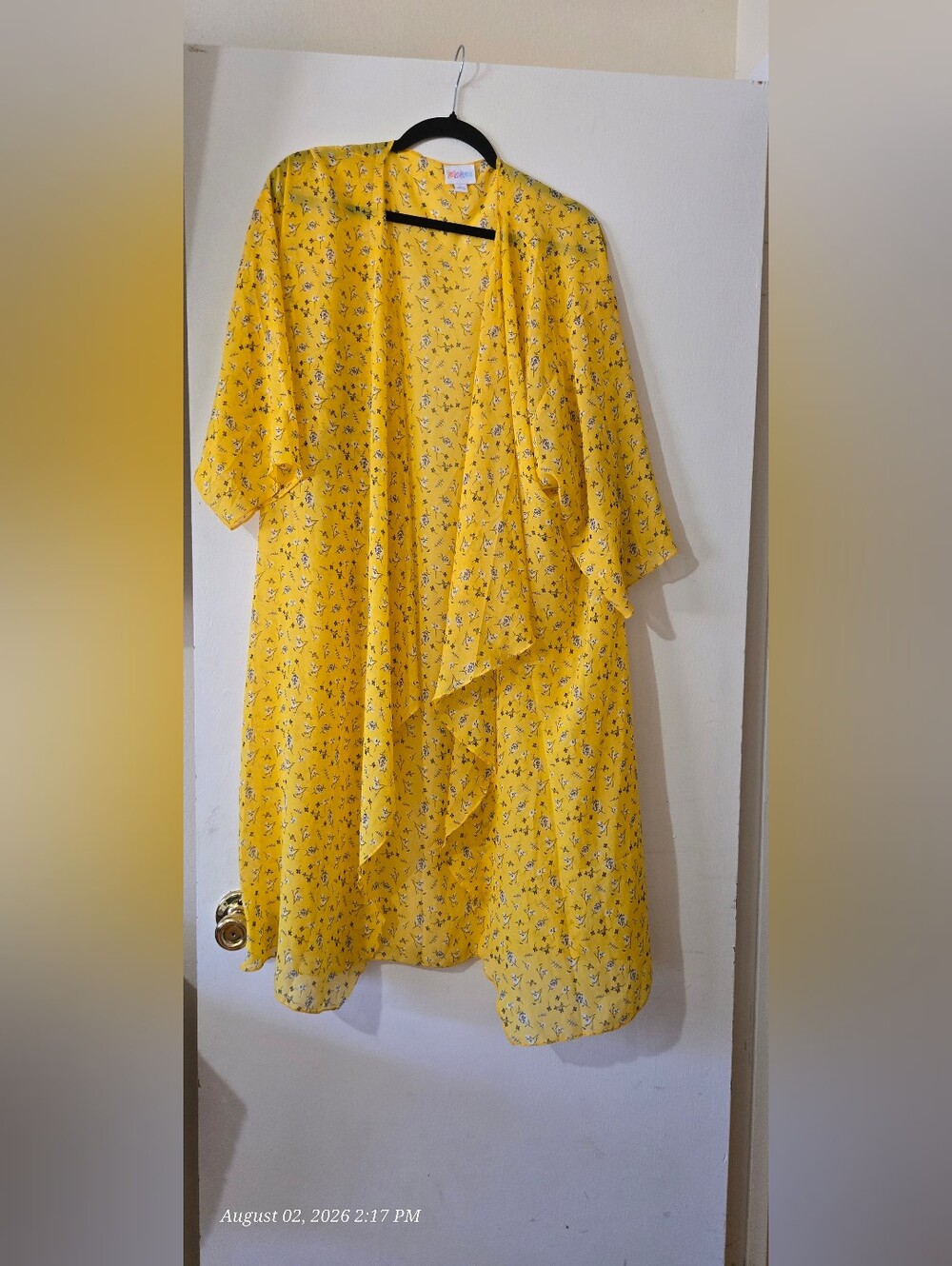 LuLaRoe Lindsay Yellow Floral Kimono  with Black and White Accents